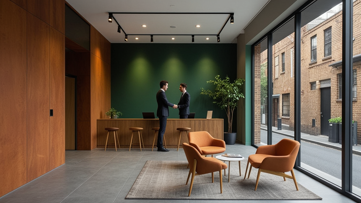 Two professionals shaking hands in a Melbourne office